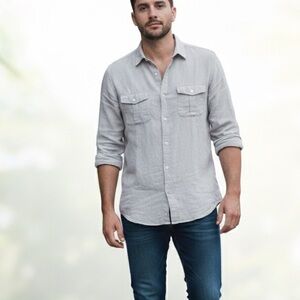 Old Navy Men’s Linen Blend Long Sleeve Button Down Shirt Tan/Beige Neutral